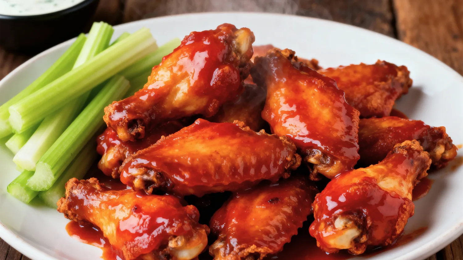 Sticky Bourbon BBQ Chicken Wings with Veggie Platters and Dipping Sauces